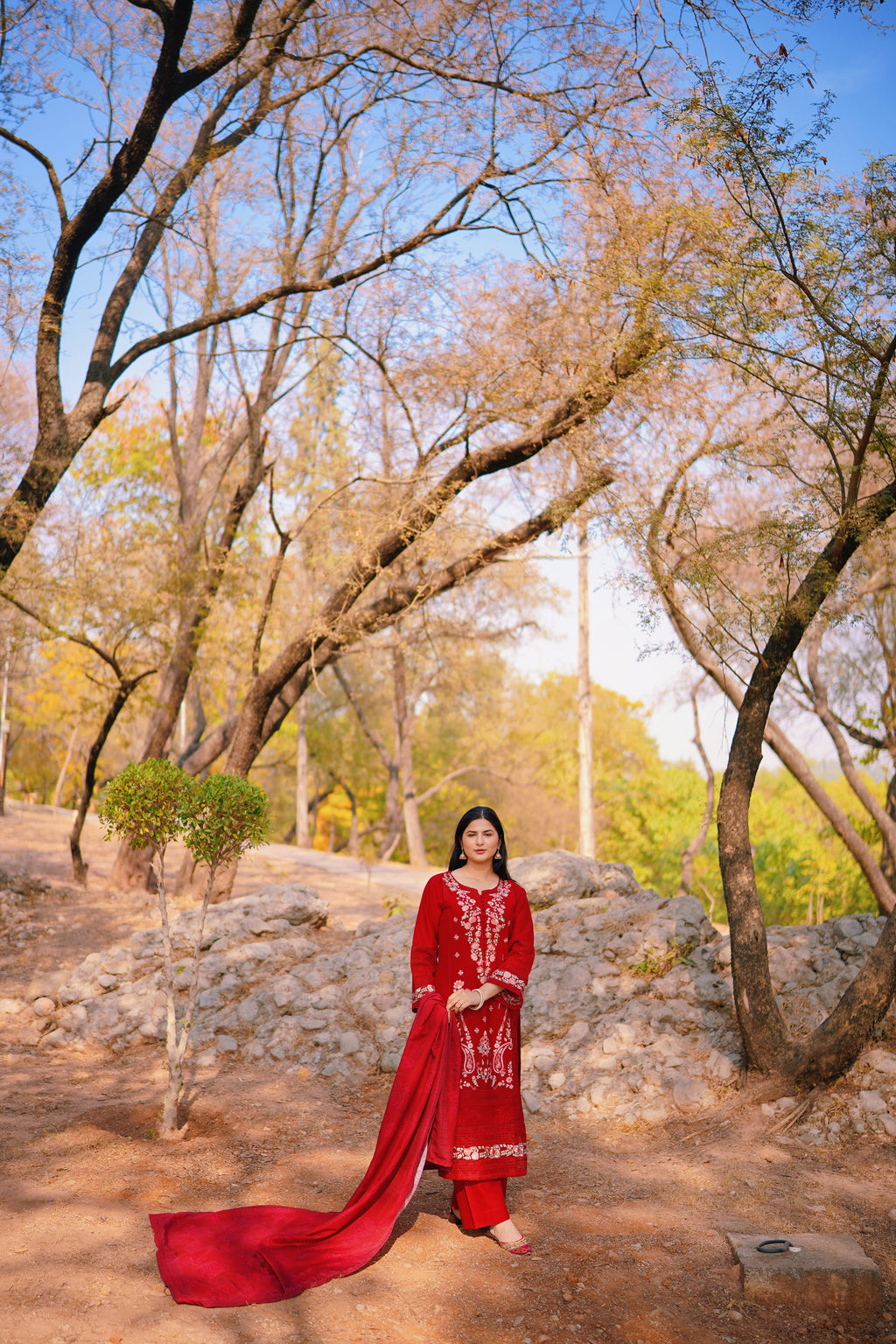 AURUM — Crimson Bloom - Embroidered Three Piece