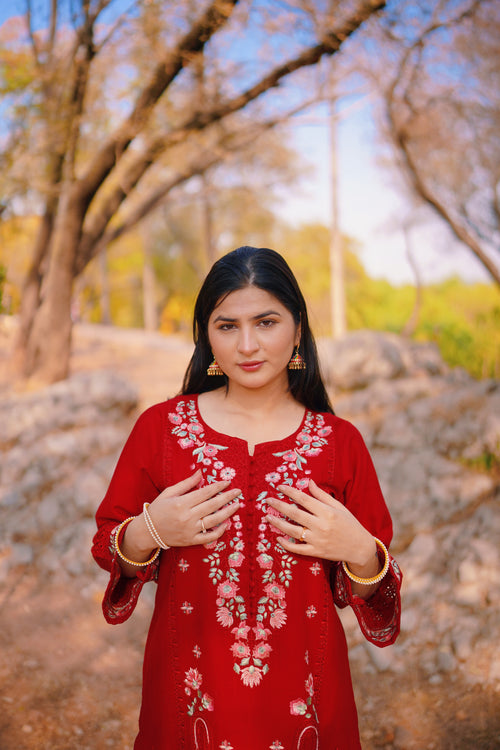 AURUM — Crimson Bloom - Embroidered Three Piece