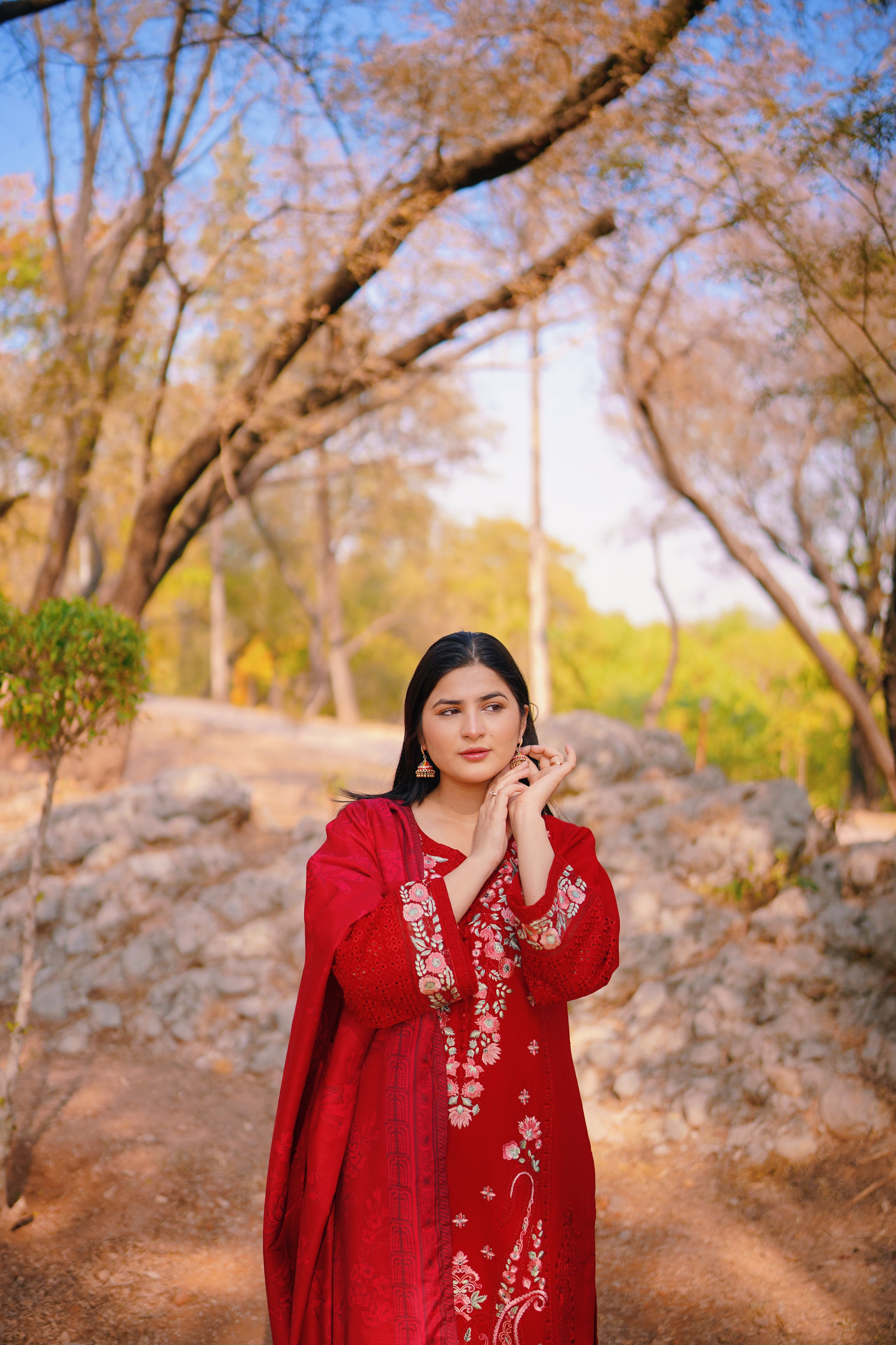 AURUM — Crimson Bloom - Embroidered Three Piece