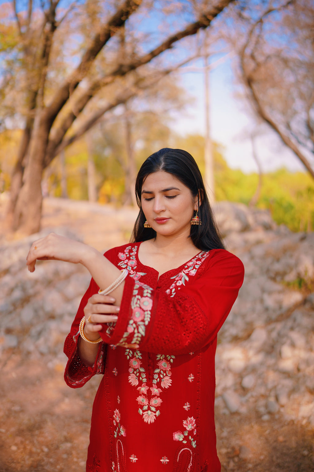 AURUM — Crimson Bloom - Embroidered Three Piece