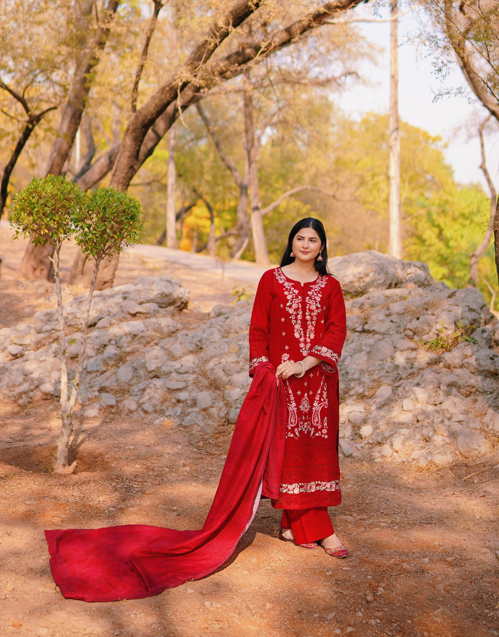 AURUM — Crimson Bloom - Embroidered Three Piece